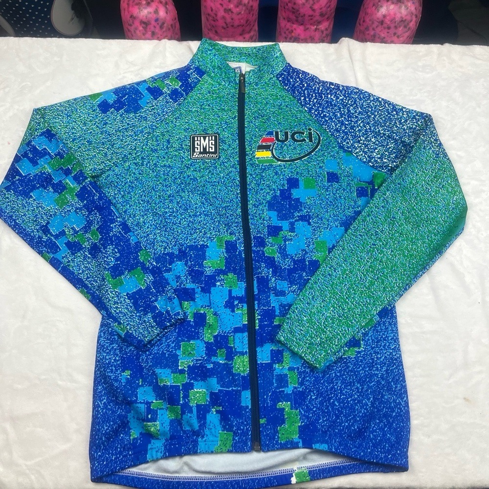 Santini Cycling Full-Zip Jacket & Shirt L Blue Green Pixelated Set Made in Italy - Picture 2 of 16